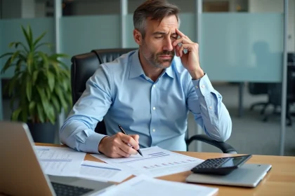 Comptable masculin analysant des tableaux de calcul d'acomptes d'impôt sur les sociétés à son bureau