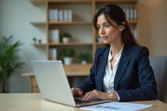 Comptable publique utilisant CDC Net Banque des territoires sur son ordinateur portable dans un bureau administratif moderne