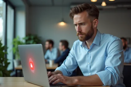 Un homme au bureau face à un message d'erreur de compte verrouillé sur son ordinateur portable