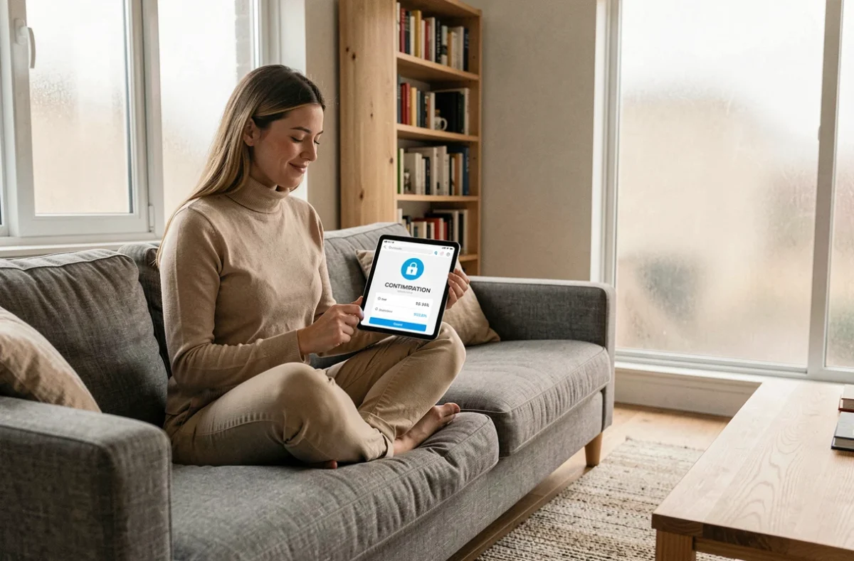 Jeune femme vérifiant la confirmation d'un achat en ligne sécurisé sur tablette dans un salon cosy