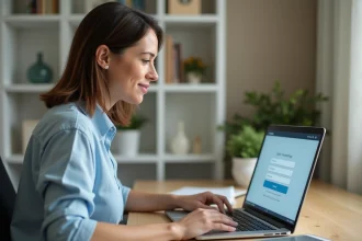 Femme connectée à son espace bancaire en ligne sur un ordinateur portable depuis un bureau à domicile