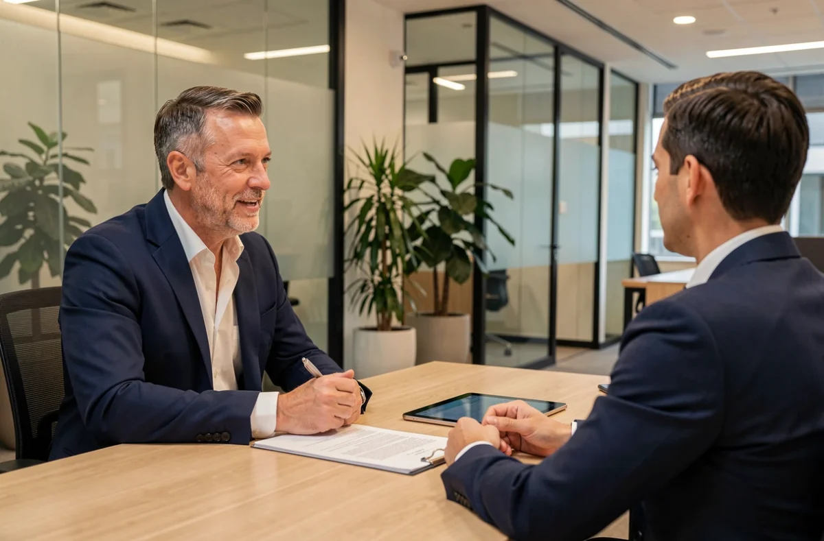 Client discutant avec un conseiller bancaire dans une agence physique moderne