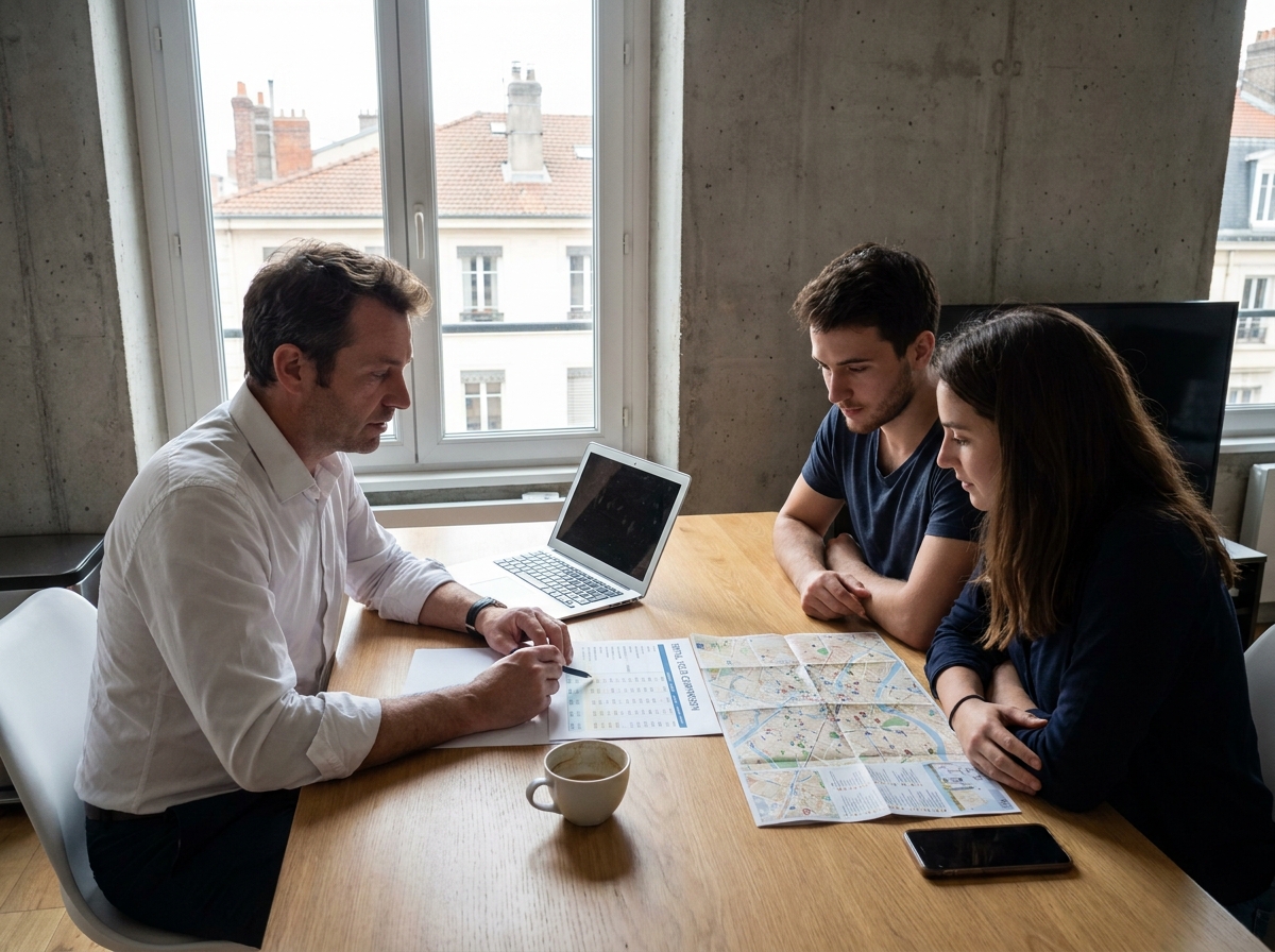 Agent immobilier présentant une comparaison de rendements locatifs à un couple d'investisseurs dans un appartement français