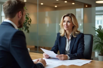 Femme d'affaires consultant un conseiller bancaire traditionnel pour la protection de son activité professionnelle