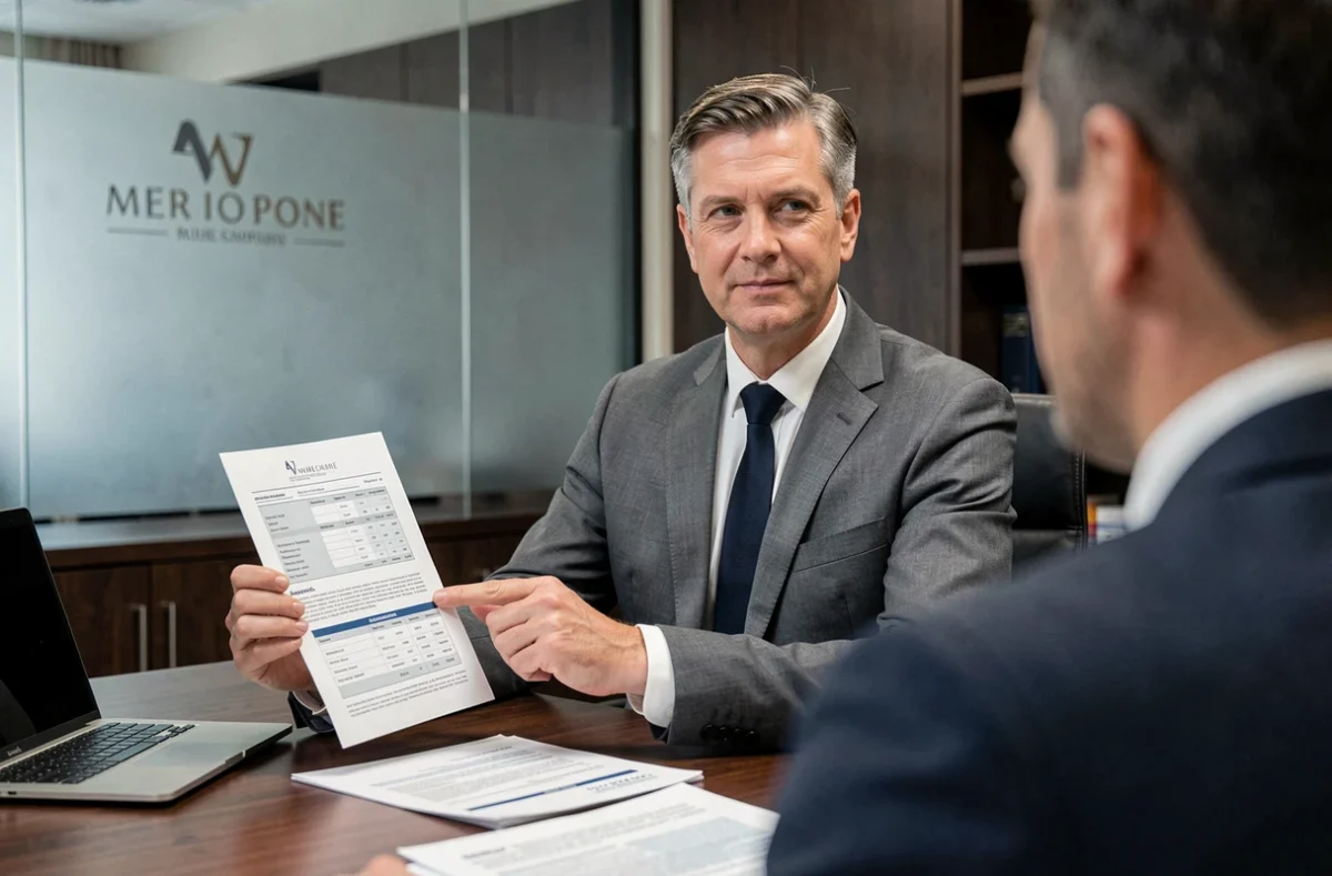 Conseiller bancaire présentant une fiche standardisée d'information assurance emprunteur à un client en agence