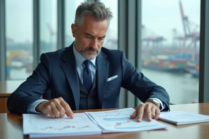 Conseiller financier analysant des fonds d'investissement liés au transport maritime pour investir indirectement en bourse