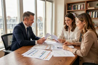 Conseiller financier présentant une SCPI Pinel à un couple pour réduire leurs impôts dans un bureau moderne parisien