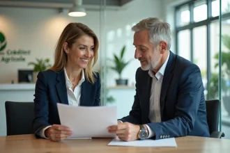Conseillère bancaire du Crédit Agricole Gers recevant un client dans une agence moderne pour l'aider à choisir ses services bancaires