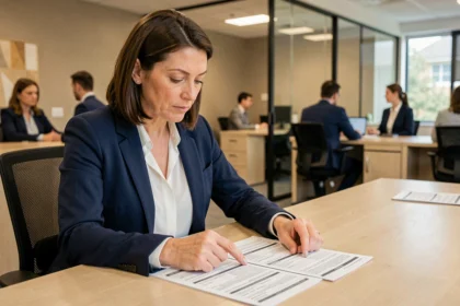 Conseillère financière examinant une fiche standardisée d'information assurance emprunteur dans un bureau professionnel