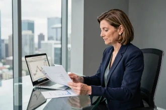 Conseillère financière analysant des documents d'investissement dans un bureau moderne pour évaluer la fiabilité d'une plateforme de finance