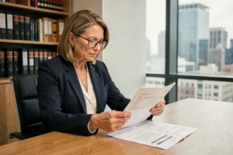Conseillère financière analysant des documents de placement SCPI en assurance vie dans un bureau professionnel