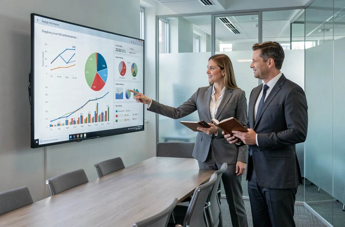 Deux conseillers financiers analysant des graphiques de performance d'un portefeuille d'investissement lors d'une réunion professionnelle