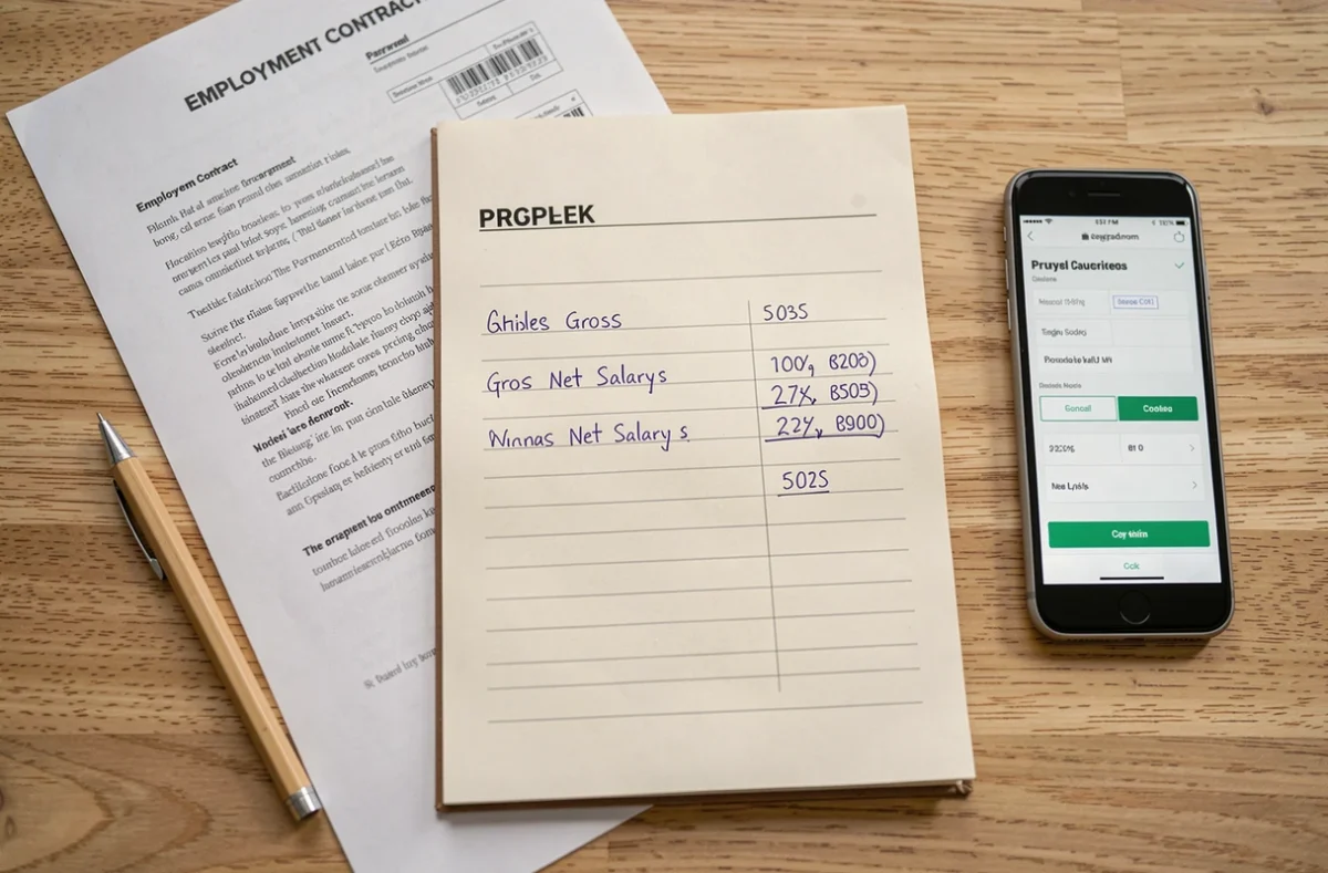 Vue du dessus d'un contrat CDI, d'un carnet de calcul salaire brut net et d'un smartphone avec application de paie