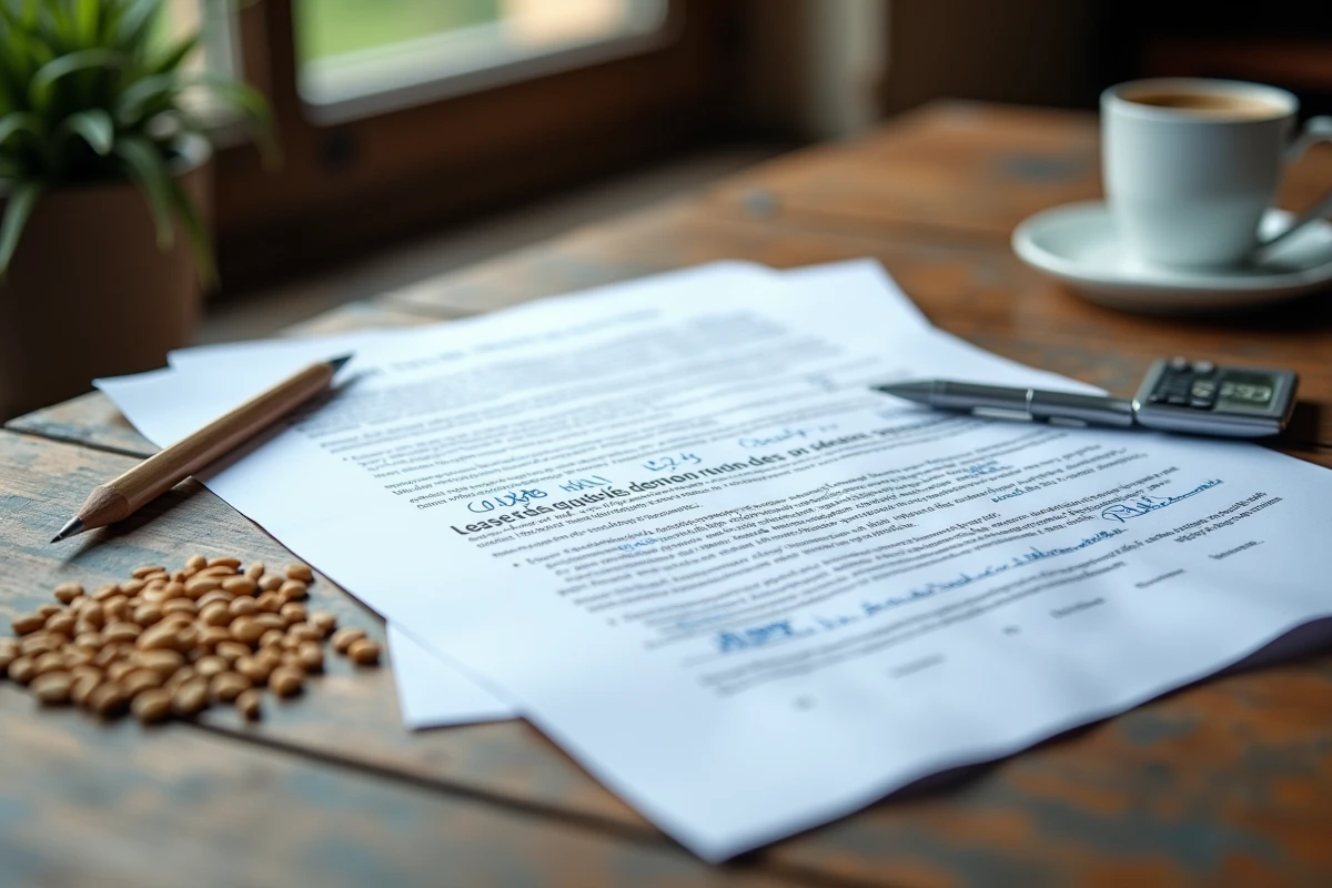 Gros plan sur un contrat de fermage annoté posé sur un bureau avec une calculatrice et des grains de blé, symbolisant le calcul du prix du quintal de blé pour le fermage 2026