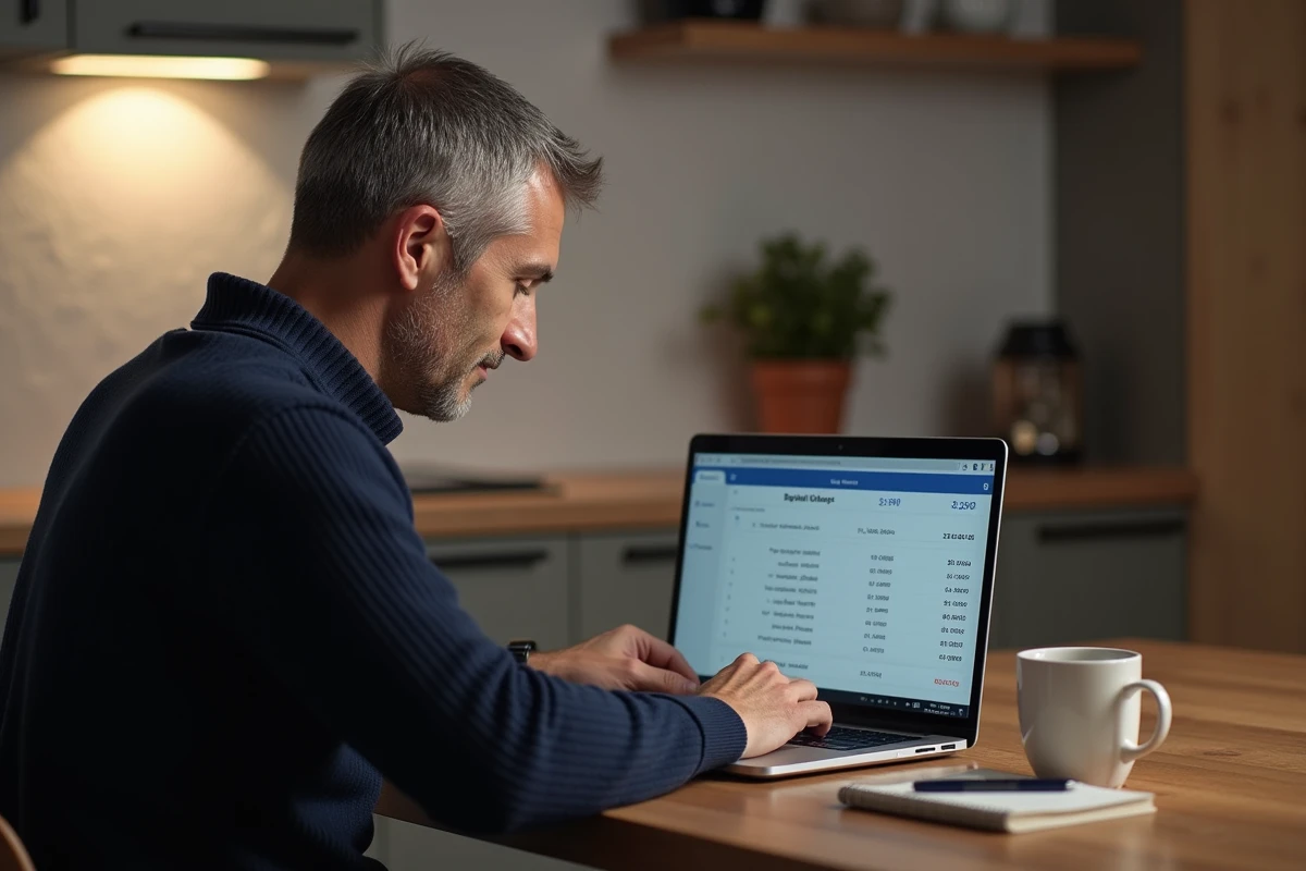 Homme travaillant depuis chez lui sur un logiciel de calcul de paie avec conversion des heures en centi&egrave;mes