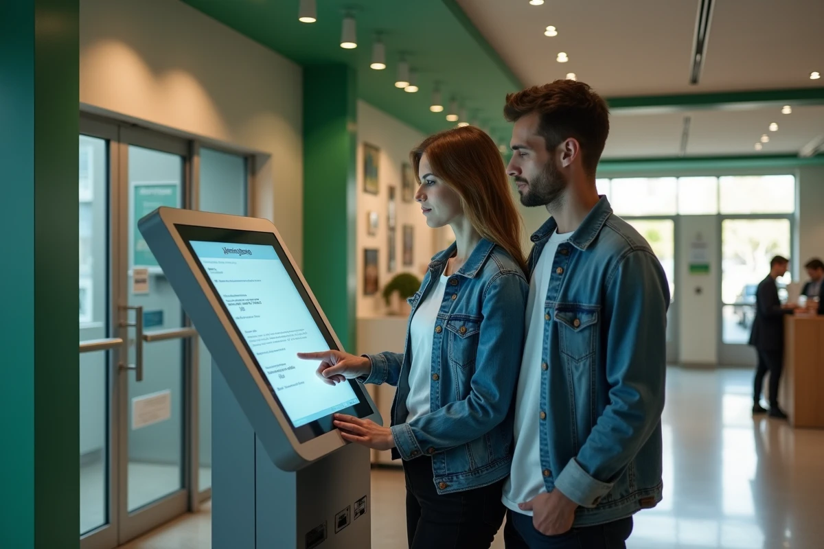 Jeune couple consultant un borne interactive dans une agence Crédit Agricole Gers pour trouver l'agence la plus proche de leur domicile
