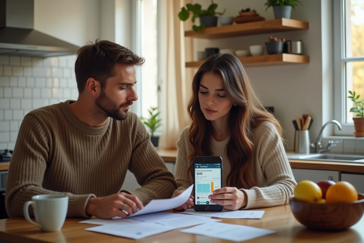 Couple vérifiant leurs droits à la prime d'activité sur le site de la CAF autour d'un budget familial