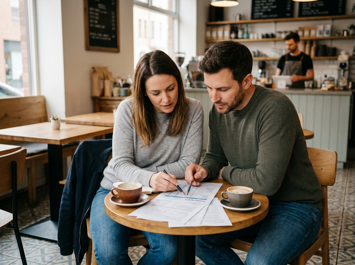 Couple discutant d'un budget et de solutions pour obtenir de l'argent rapidement dans un café