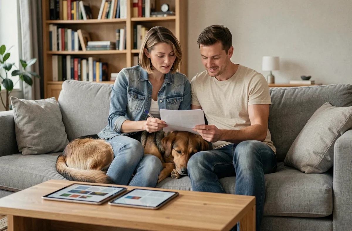 Couple comparant des offres d'assurance pour leur chien dans un salon moderne et cosy