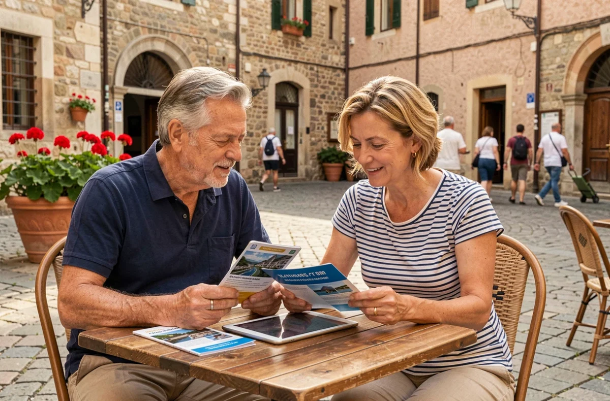 Couple comparant des formules d'assurance voyage assis à une terrasse de café en Europe