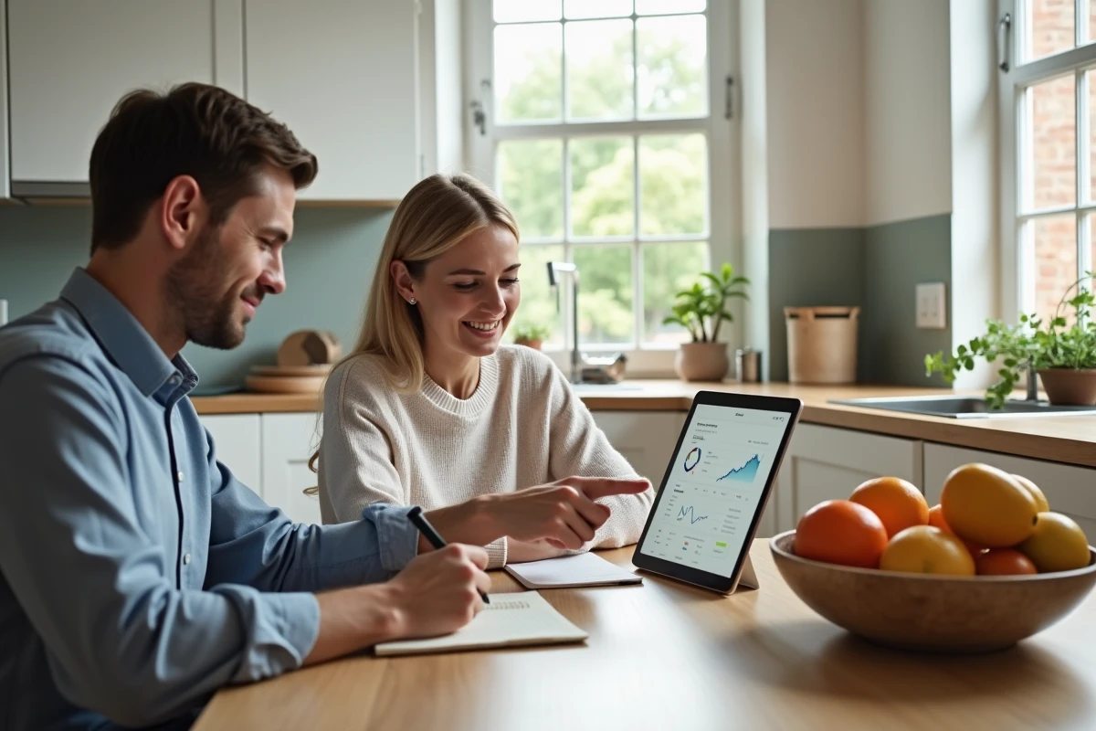 Couple comparant les fonctionnalités de LCL Accès et de l'application LCL Mes Comptes sur une tablette dans leur cuisine