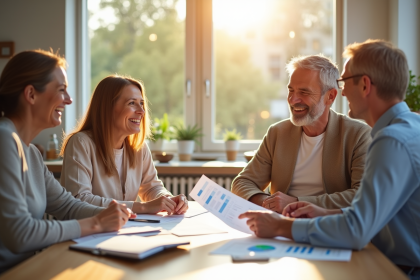 Couple confiant discutant de finances avec conseiller