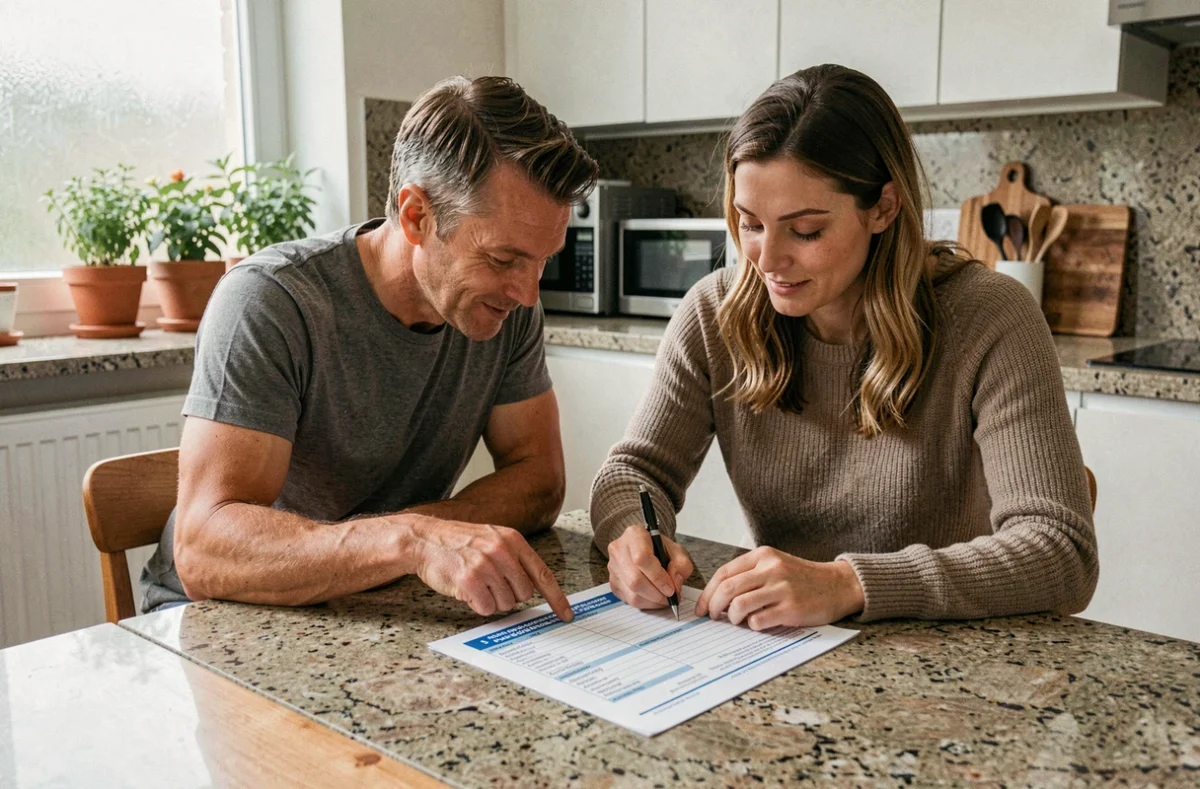 Couple étudiant ensemble une fiche d'information standardisée pour leur assurance de prêt immobilier à domicile