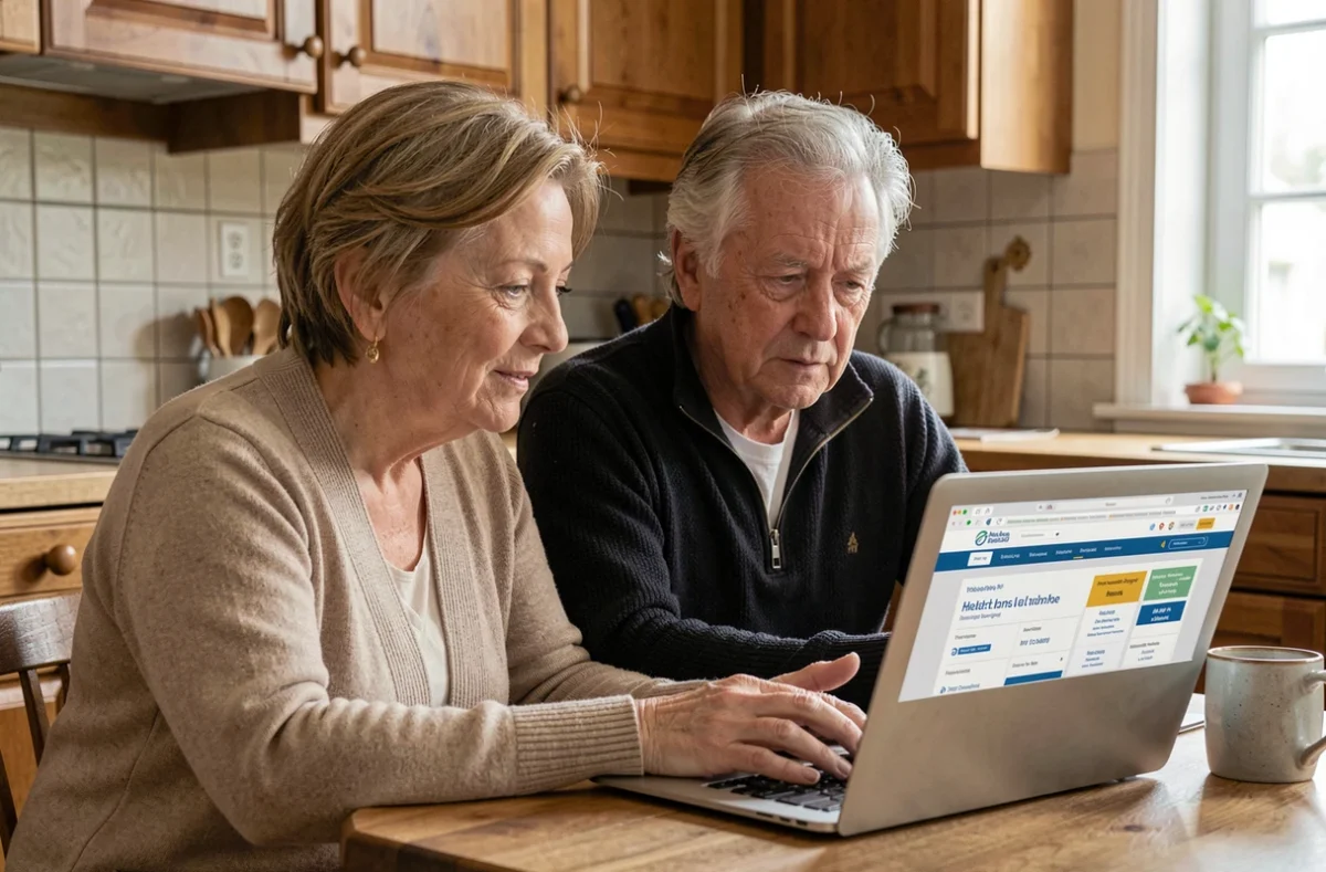 Couple de fonctionnaires comparant des mutuelles santé sur ordinateur à la maison