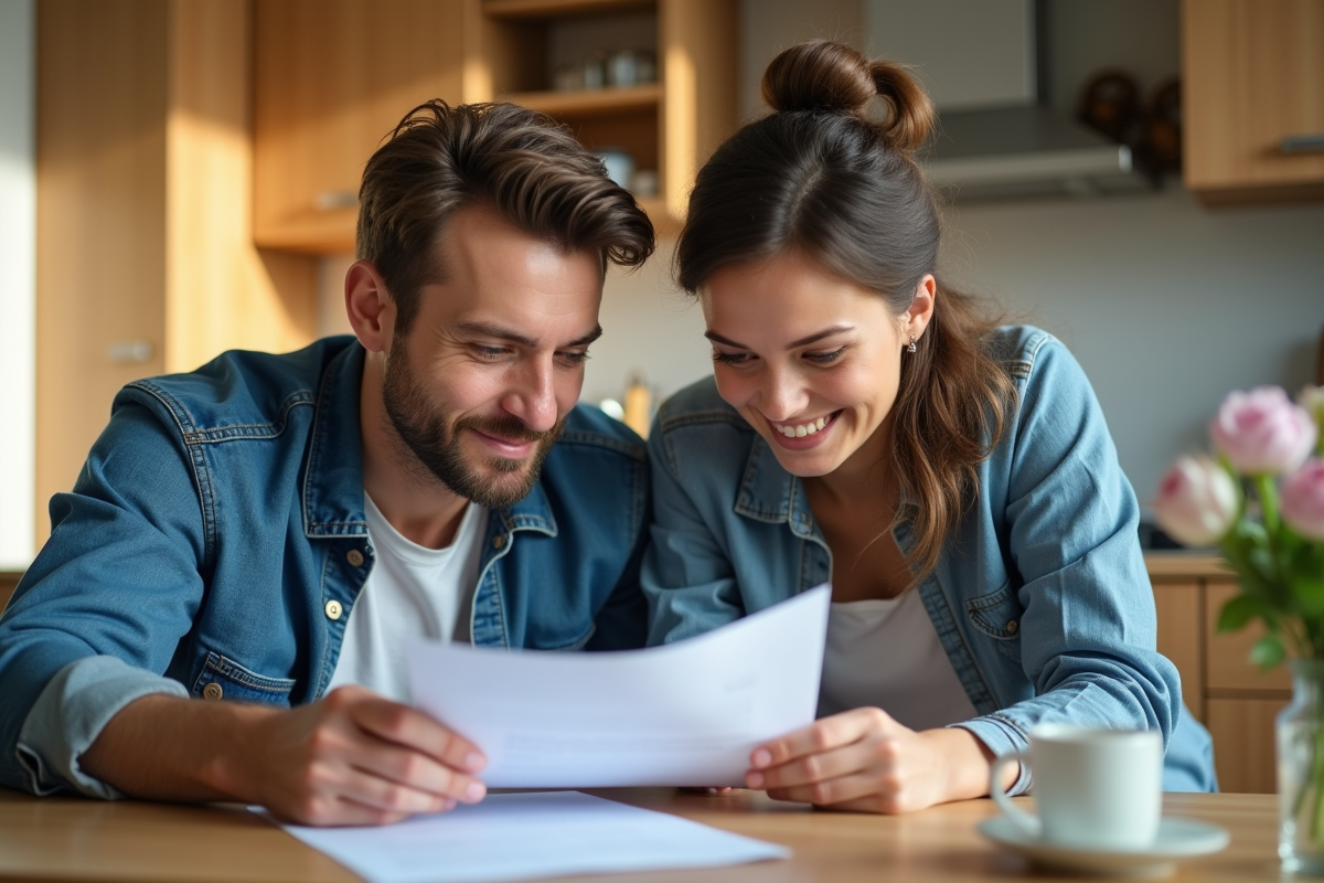Jeune couple examinant un contrat de pret à la maison
