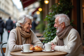 Couple retraité souriant dans un café parisien