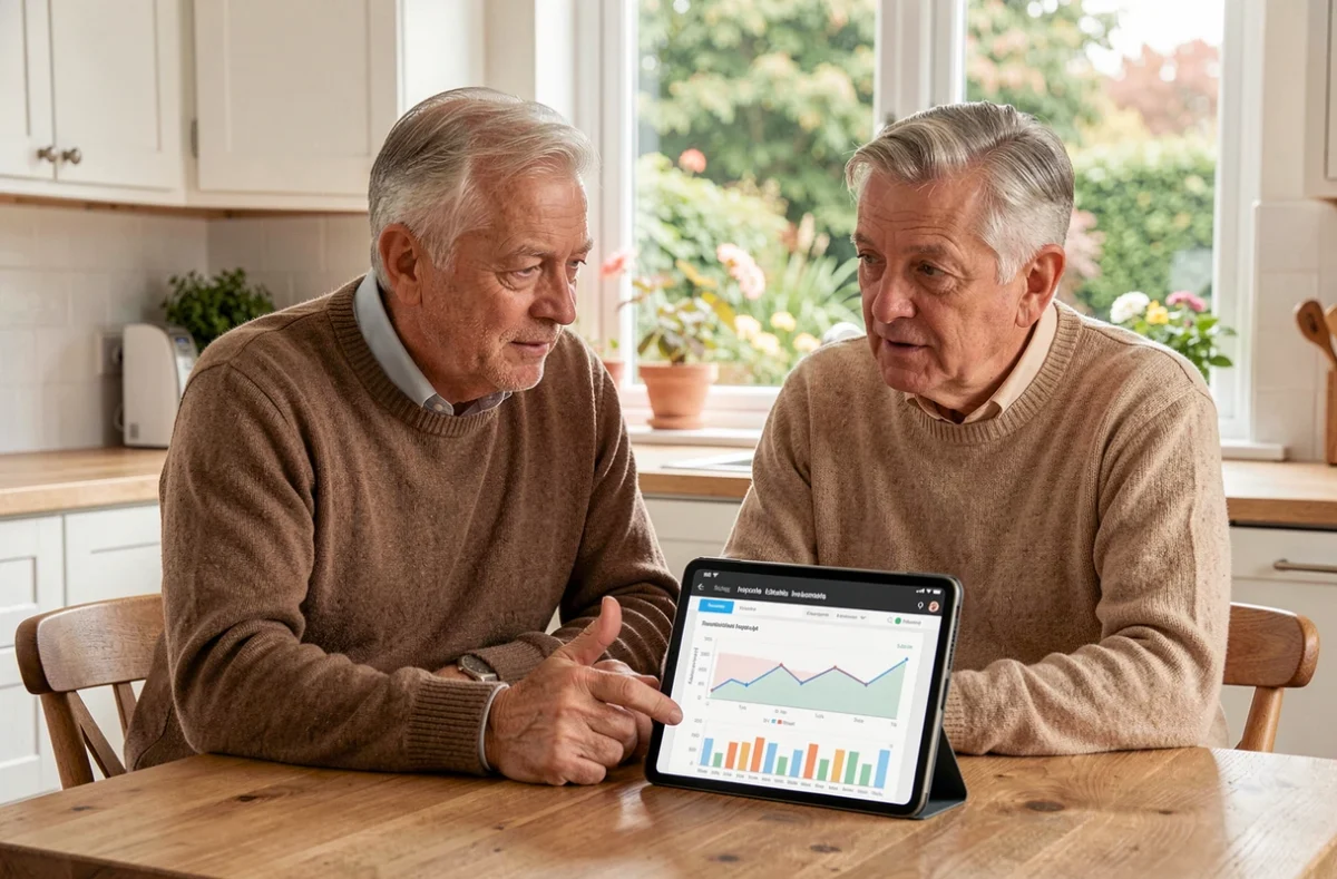 Couple de retraités consultant leur portefeuille SCPI en assurance vie sur une tablette à domicile