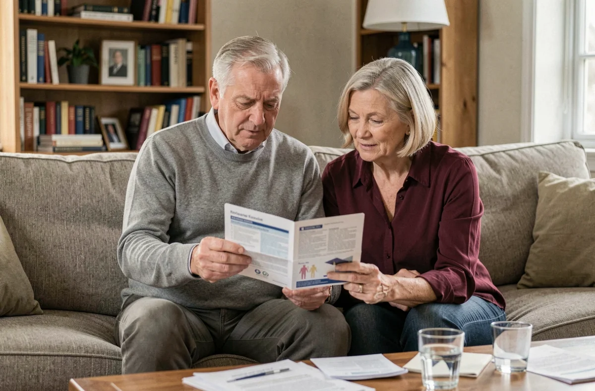 Couple de seniors étudiant ensemble les tarifs d'une mutuelle individuelle adaptée à leur profil dans leur salon