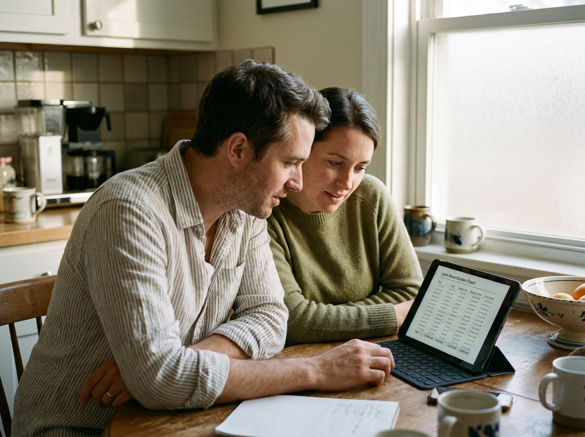 Couple étudiant une simulation de prêt auto sur une tablette dans une cuisine moderne