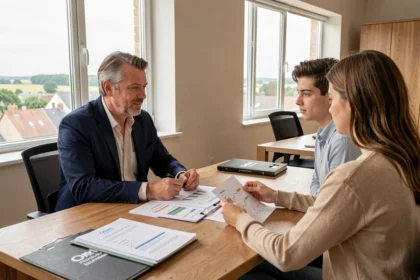 Courtier en crédit immobilier en consultation avec un couple dans une agence du Loiret