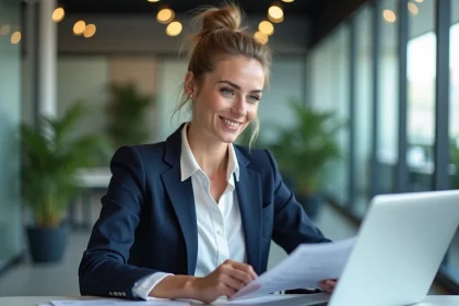 Courtière AXA analysant la plateforme inaxa Courtage sur un ordinateur dans un bureau professionnel moderne