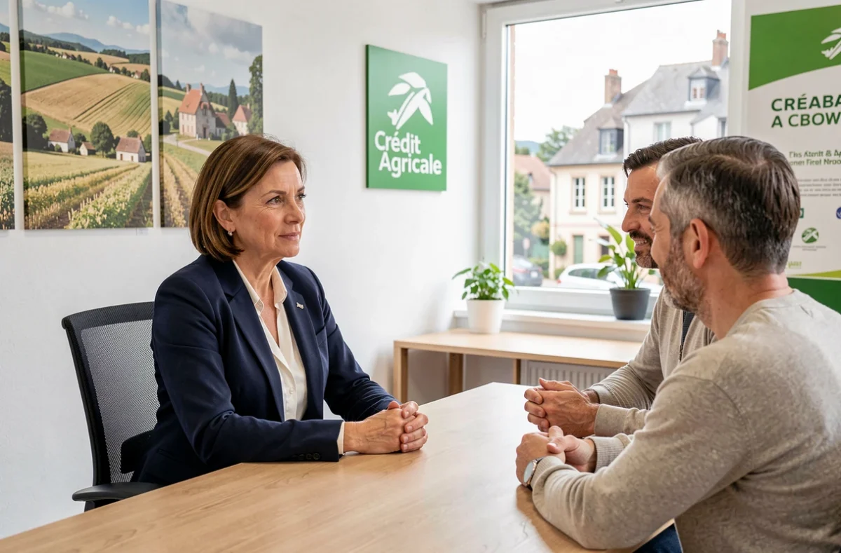 Conseillère bancaire du Crédit Agricole Centre-Est en réunion avec des clients dans une agence aux couleurs vertes et blanches de la région