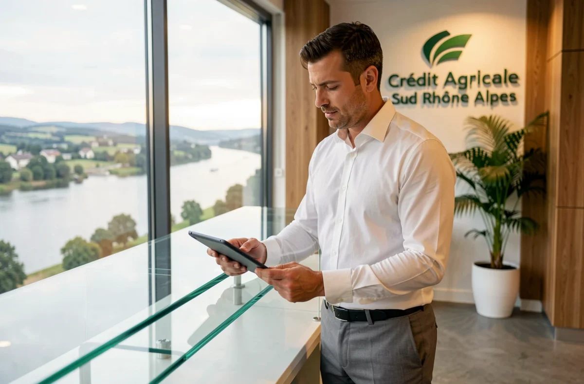 Conseiller financier du Crédit Agricole Sud Rhône Alpes en agence avec vue sur la vallée du Rhône en arrière-plan