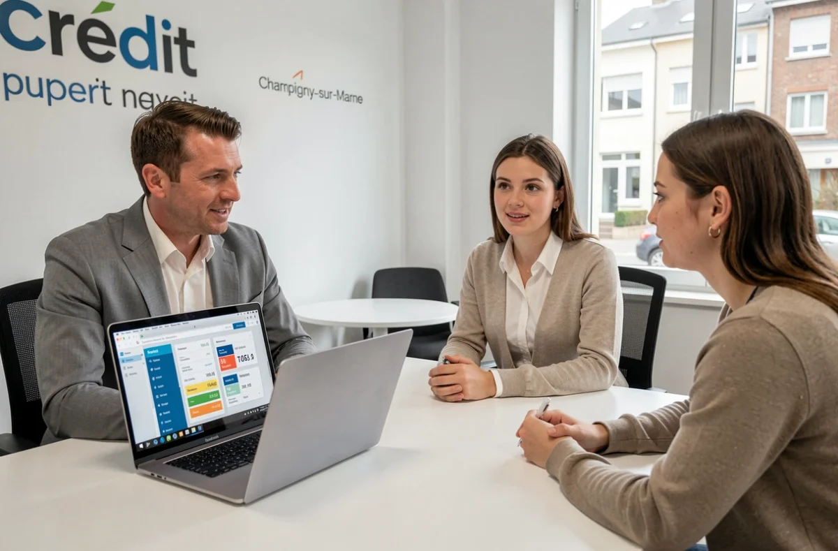 Un conseiller Crédit Expert à Champigny-sur-Marne explique les options de financement immobilier à un jeune couple via un tableau de bord bancaire en ligne
