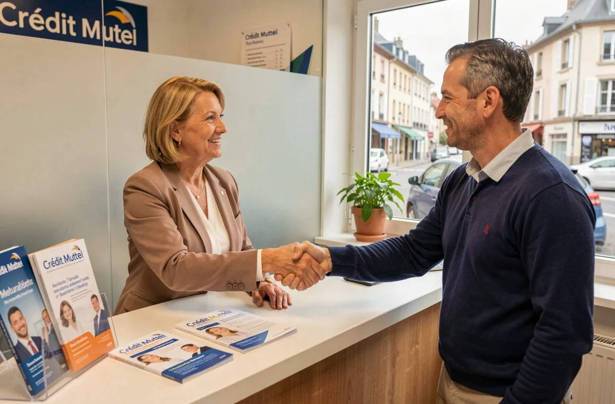 Conseillère du Crédit Mutuel serrant la main d'un client dans une agence à l'ambiance coopérative chaleureuse