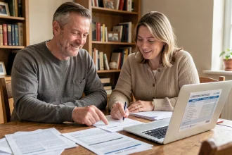 Couple remplissant une déclaration fiscale 3916 BIS pour un compte joint sur un ordinateur portable à la maison