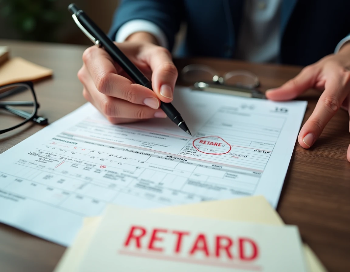 Gros plan de mains signant une déclaration comptable officielle avec une enveloppe de retard et un calendrier indiquant la date limite du bilan 2026