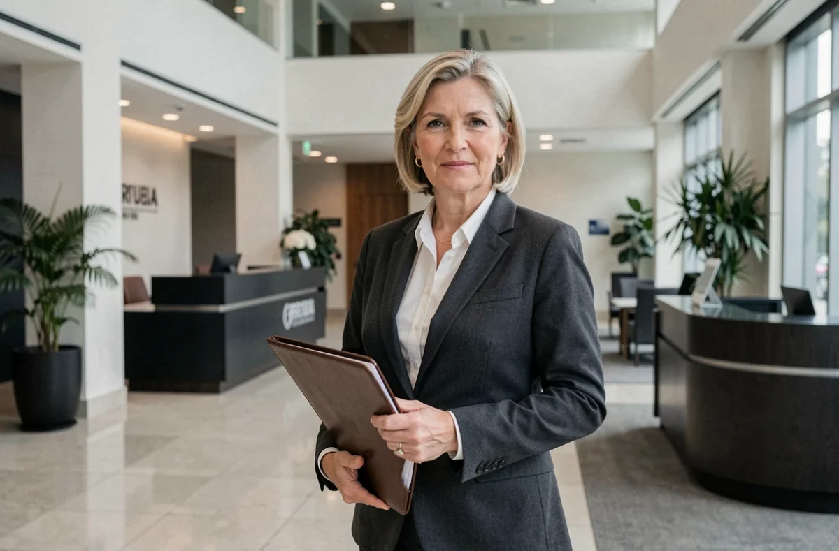 Consultante senior de Deloitte Lille debout dans le hall moderne du cabinet avec un portfolio de dossiers fiscaux