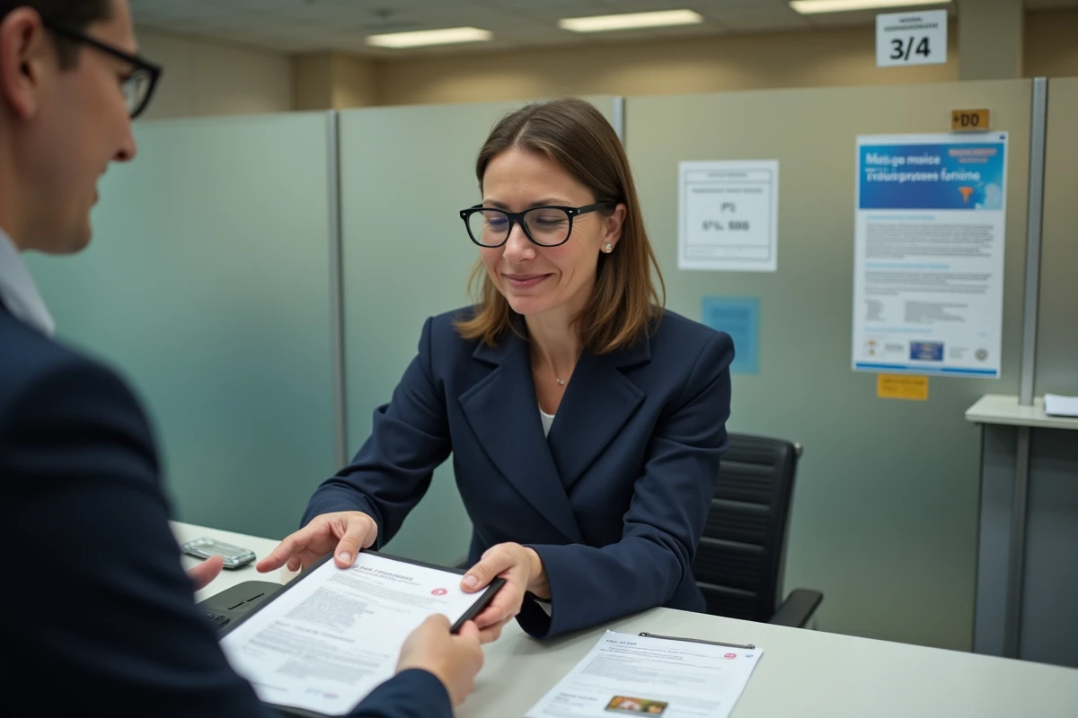 Femme déposant des pièces justificatives pour un dossier amende au guichet d'une administration française