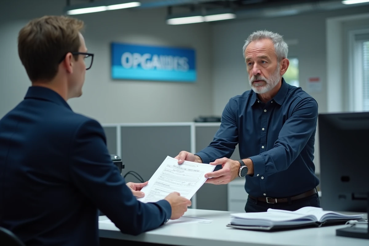 Homme d&eacute;posant des documents bancaires au guichet d'une agence France Travail pour mise &agrave; jour du RIB
