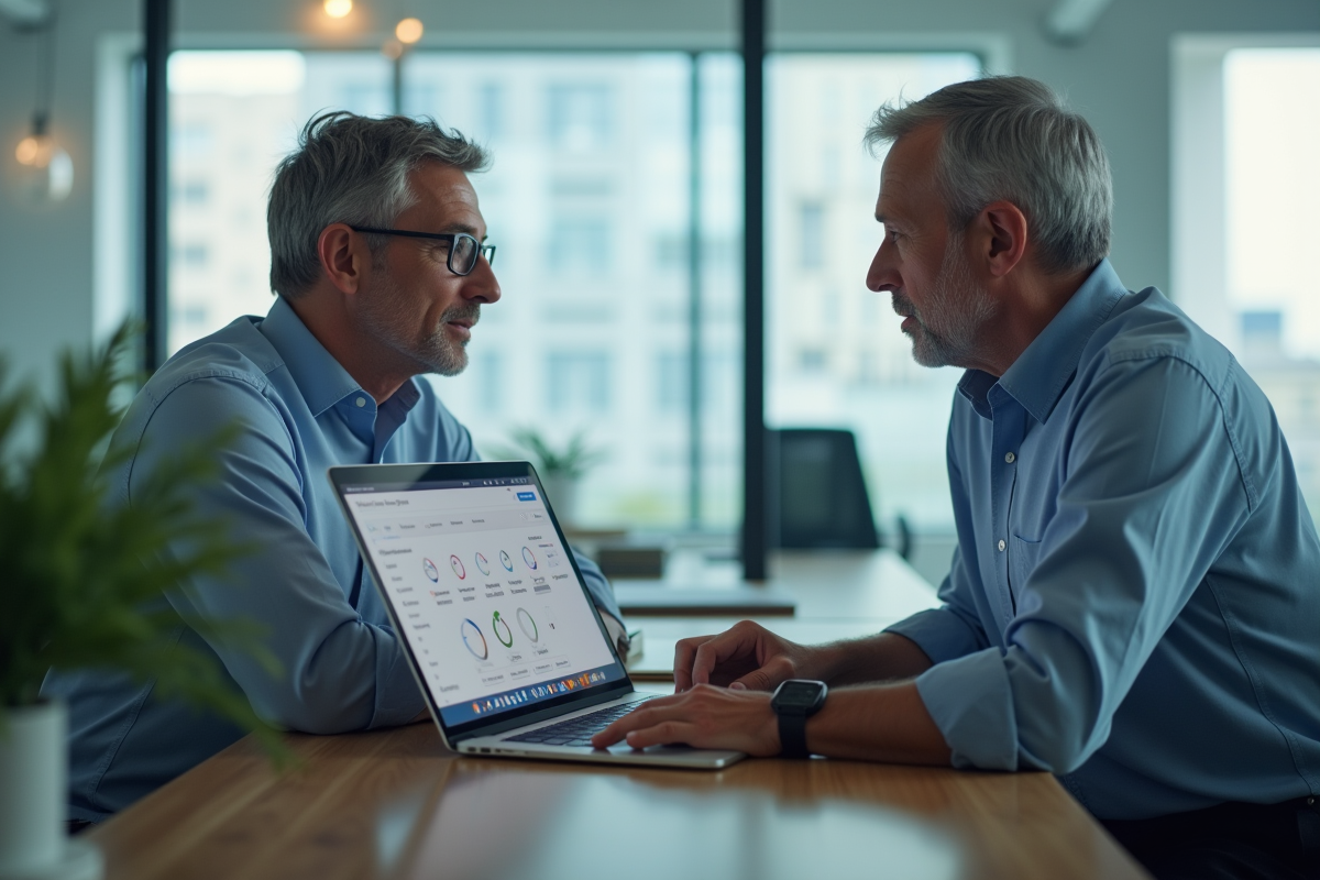 Deux hommes discutant devant un ordinateur au bureau