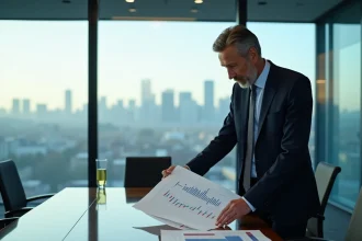 Dirigeant d'un groupe de luxe examinant des graphiques financiers dans une salle de conseil avec vue sur une ville européenne, symbolisant les enjeux boursiers de Kering en 2026