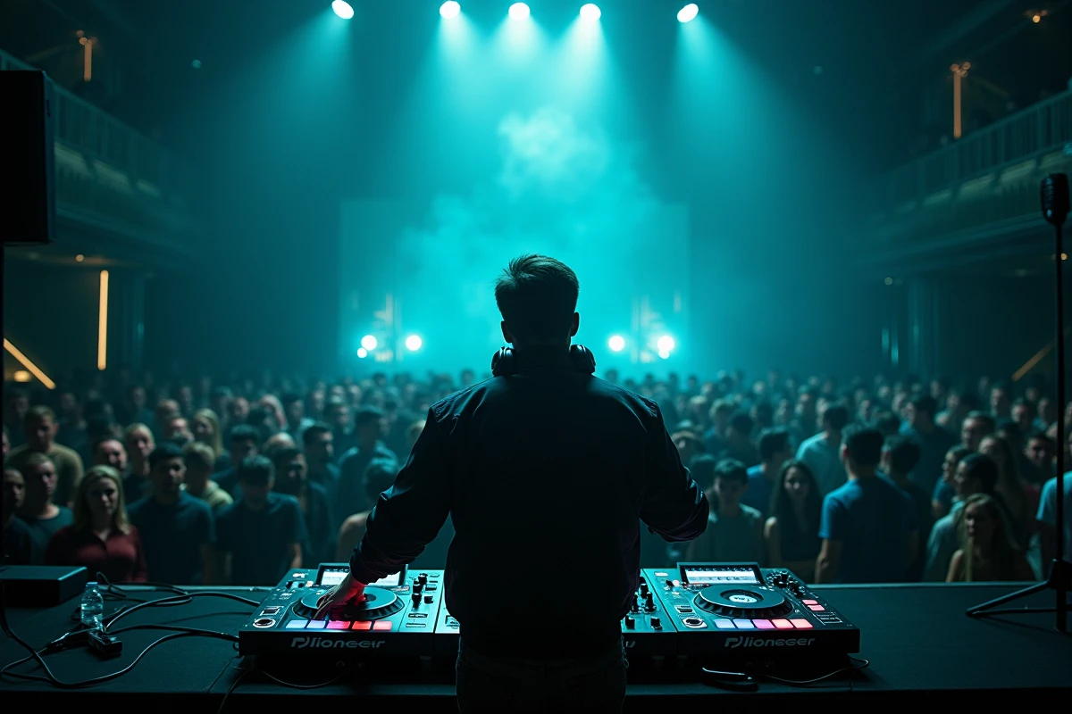 DJ professionnel confirmé sur scène dans une grande discothèque avec matériel haut de gamme