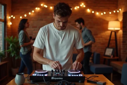 Jeune DJ débutant derrière sa console d'entrée de gamme lors d'une soirée privée modeste