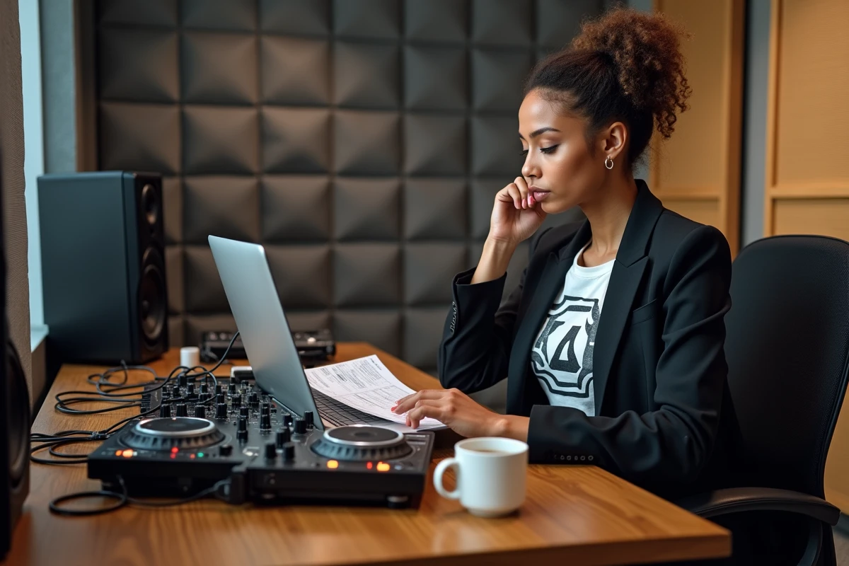 DJ féminine analysant ses revenus sur ordinateur dans un studio home studio professionnel