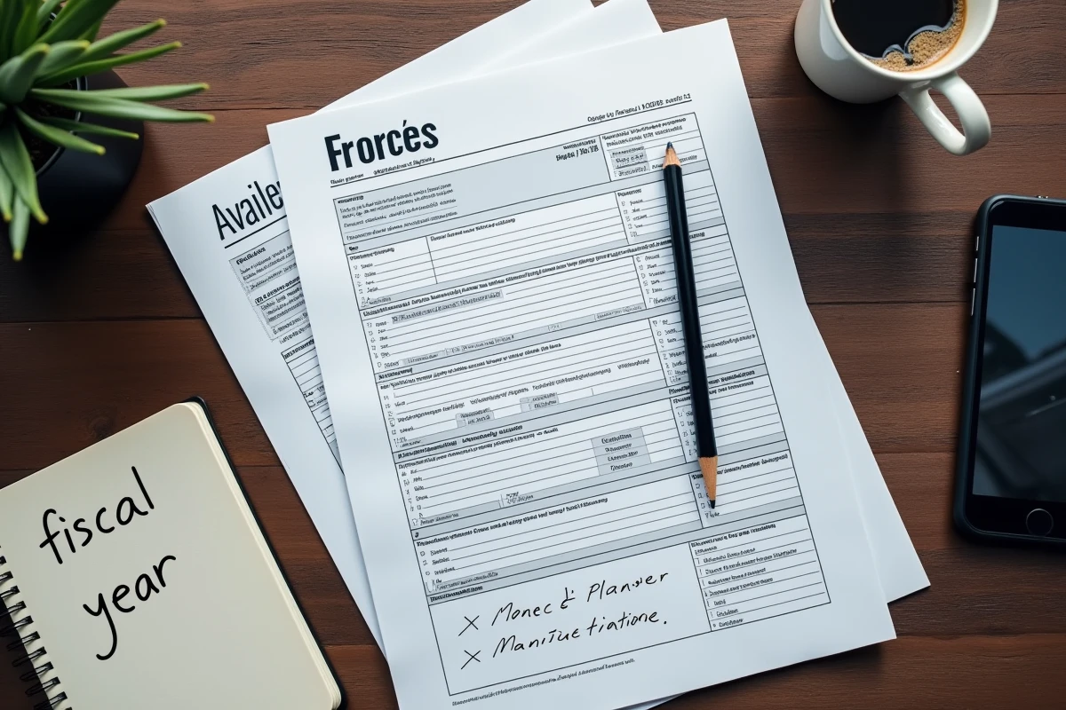 Vue de dessus de documents fiscaux français pour le calcul d'acomptes IS avec formulaires et notes manuscrites